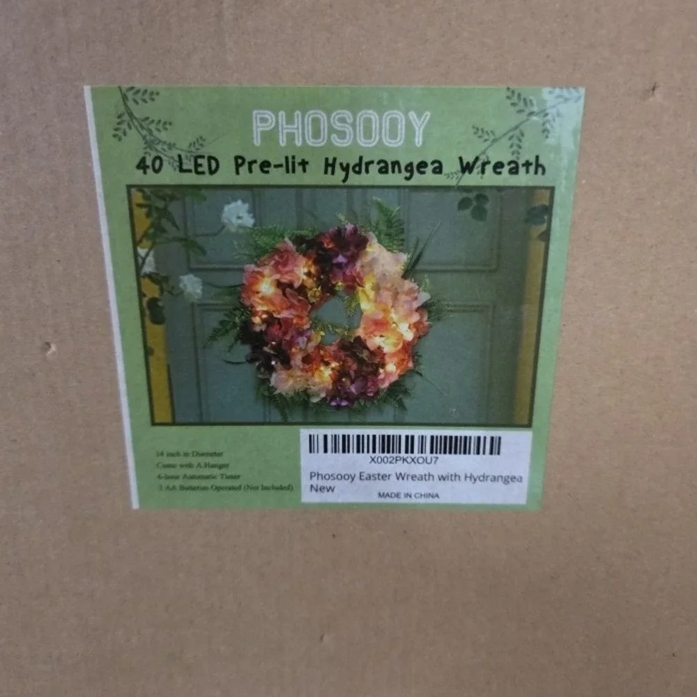 Phosooy 16in‎ Pre-lit Hydrangea Wreath 40 LED Timer Pink Purple Floral Decor